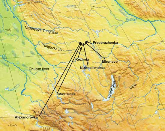 Carte de la région de Tunguska avec trajectoires des terminateurs